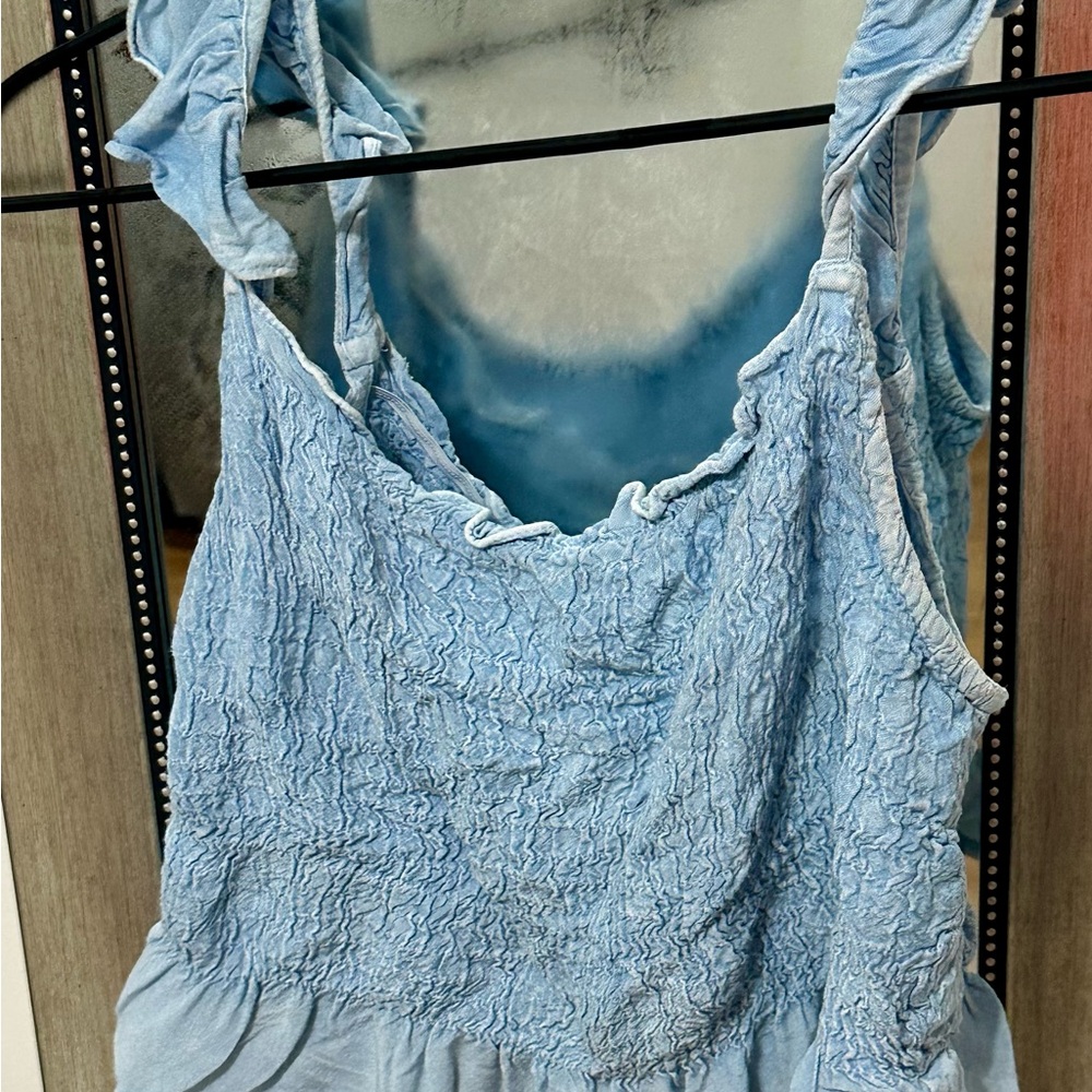 SHEIN Blue Smocked Ruffled Sleeveless Crop Top